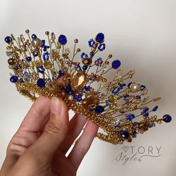 Gold and Blue crown, Gold crown, Gold tiara, Gold blue tiara, Diadem, wedding crown, Wedding headpiece, Gold Blue crown