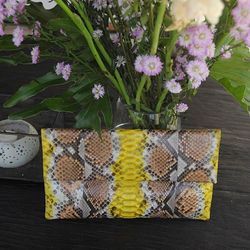 Genuine python skin yellow and brown handmade clutch, classy elegant leather envelope bag, purse, flat snake leather clu