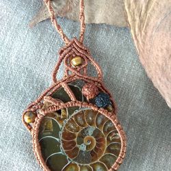 Ammonite fossil macrame pendant, semi precious stone mans jewelry, lagre rhinestone bohemian sacred necklace, spiritual