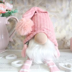 Plush pink handmade gnome with pompon long legs gift for your home
