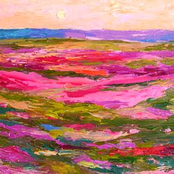 Pink Landscape Oil Painting on canvas 30x20cm Nature Painting Impasto 12'x8' Sky Painting Blooming meadow Painting