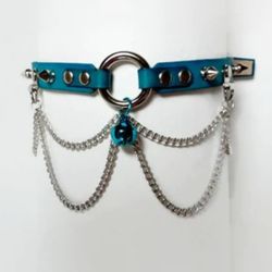 Turquoise leather kitten play collar with spikes and bell