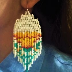 Flower seed beaded fringe earrings. Long tassels Boho dangle earrings. Colorful beadwork summer jewelry. Gift gor woman