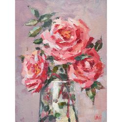 Garden Roses Original Oil Painting 24x18cm Red Roses Original Small Painting on canvas 10'x7' Garden Roses Art Rose