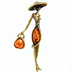 Lady in hat with handbag Women's brooch gift for women girlfriend Gold brass Elegant Amber brooch Handmade jewelry women