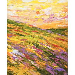 Yellow Landscape Oil Painting on Canvas 30x24cm Nature Painting Impasto 12'x10' Blooming mountains Abstract Landscape