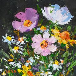 Garden Flowers Painting Original Oil Painting 13x13cm Purple Floral Small Painting 5'x5' Daisy Impasto painting