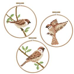 Sparrow set cross stitch pattern Birds design Sparrows in hoops cross stitch Animal pdf pattern Nature cross stitch