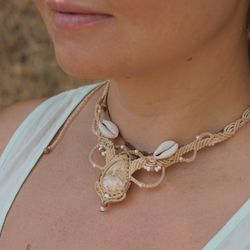 Petoskey stone macrame Necklace with sea shells, natural fossil coral rhinestone jewelry, tribal fusion boho-chic pendan