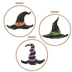 Witch hats set cross stitch pattern Halloween cross stitch design Three witch hats pattern Black hats pdf pattern