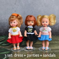 Kelly doll clothes. Dress, panties and sandals for Kelly Barbie dolls.  Clothes for dolls 1/6 scale. (3 sets).