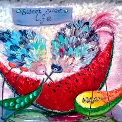 original oil painting happy birds  wall art