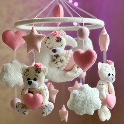 Baby mobile girl, Teddy bear mobile felt, Musical mobile crib, Baby shower gift, Nursery decor