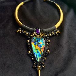labradorite necklace, amethyst necklace, adornment necklace, choker necklace, statement necklace, women jewelry, macrame