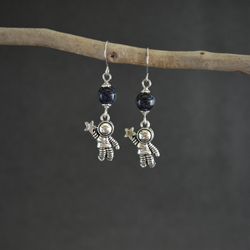 Astronaut earrings Blue sand stone space earrings with stainless steel hooks Astronaut with star blue goldstone earrings