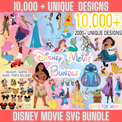 10,000 princess svg bundle layered cricut files, encanto, frozen, moana, ariel, elsa, stitch, toy story, tangled, pooh
