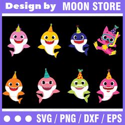 6 family sharks birthday character with pink fong svg,png,shark's friends svg, pink fong svg, family shark svg, dxf, eps