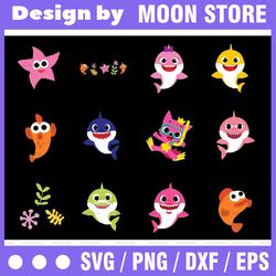 6 family sharks character with pink pong and friends svg,png,shark's friends svg, pink fong svg, family shark svg, dxf,
