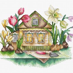 house of spring pdf cross stitch patterns - wooden cottage in flowers - country house - tulips daffodils crocuses