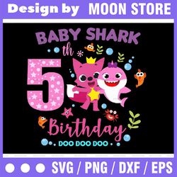 Shark 5th Birthday Svg, Girl Birthday Shark Svg Dxf Eps, Girl Fifth Birthday Clipart, Five Year Old,Baby,Shark, 5th Birt