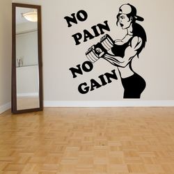 Motivation For Training, Girl, No Pain No Gain, Gym, Workout, Bodybuilder, Fitness, Crossfit, Coach, Wall Sticker Vinyl