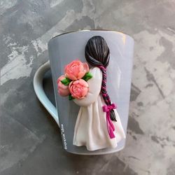 Anniversary gift for wife, funny custom mug, flower decor coffee cup, personalized gift for best friend birthday, clay