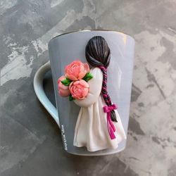 anniversary gift for wife, funny custom mug, flower decor coffee cup, personalized gift for best friend birthday, clay