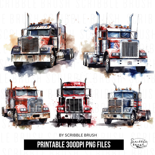 watercolor American Semi Truck Sublimation PNG Clipart.png