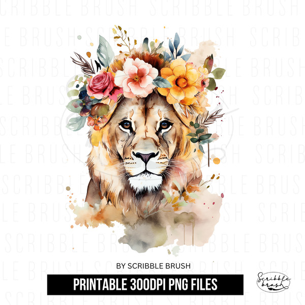 Floral Watercolor Lion Portrait PNG Clipart.png