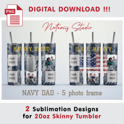 2 Navy Dad Photo Frame Templates - Seamless Sublimation Patterns - 20oz SKINNY TUMBLER - Full Tumbler Wrap