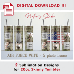 2 Air Force Wife Photo Frame Templates - Seamless Sublimation Patterns - 20oz SKINNY TUMBLER - Full Tumbler Wrap