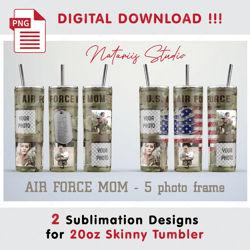 2 Air Force Mom Photo Frame Templates - Seamless Sublimation Patterns - 20oz SKINNY TUMBLER - Full Tumbler Wrap
