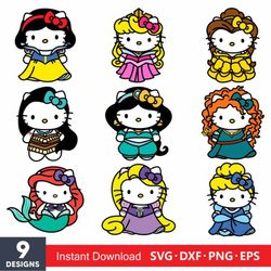 hello kitty disney princess bundle svg, hello cat princess svg, hello kitty svg, disney princess svg - digital file