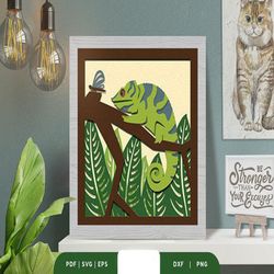 tropical chameleon 3d shadow box sv, shadow box template, paper cutting template, light box svg files, 3d papercut light