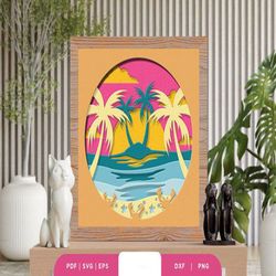 tropical beach 3d paper cutting file svg, shadow box template, paper cutting template, light box svg files, 3d papercut