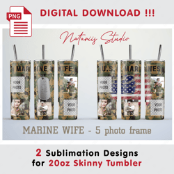 2 Marine Wife Photo Frame Templates - Seamless Sublimation Patterns - 20oz SKINNY TUMBLER - Full Tumbler Wrap