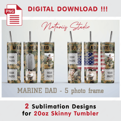 2 Marine Dad Photo Frame Templates - Seamless Sublimation Patterns - 20oz SKINNY TUMBLER - Full Tumbler Wrap