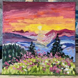 Sunset landscape oil painting.