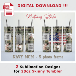 2 Navy Mom Photo Frame Templates - Seamless Sublimation Patterns - 20oz SKINNY TUMBLER - Full Tumbler Wrap