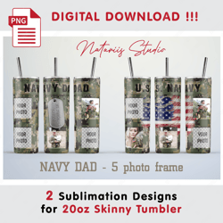 2 Navy Dad Photo Frame Templates - Seamless Sublimation Patterns - 20oz SKINNY TUMBLER - Full Tumbler Wrap