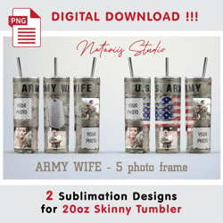 2 Army Wife Photo Frame Templates - Seamless Sublimation Patterns - 20oz SKINNY TUMBLER - Full Tumbler Wrap