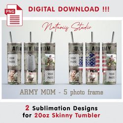 2 Army Mom Photo Frame Templates - Seamless Sublimation Patterns - 20oz SKINNY TUMBLER - Full Tumbler Wrap
