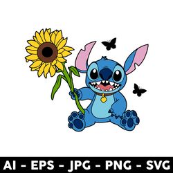 stitch holding a sunflower svg, stitch sunflower svg, stitch svg, cartoon svg, png dxf eps digital file - digital file