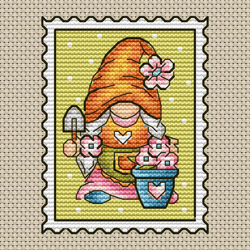 Gnome postage stamp cross stitch pattern PDF, Gnome cross stitch, Spring gnome, Garden Gnome, Spring cross stitch