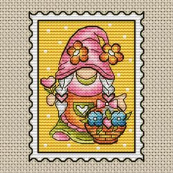 Spring gnome postage stamp cross stitch pattern PDF, Gnome cross stitch, Garden gnome, Spring cross stitch, Summer gnome