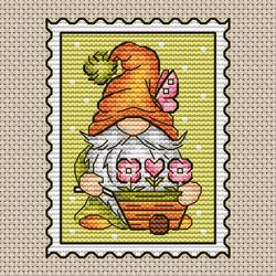 Gnome postage stamp cross stitch pattern PDF, Gnome cross stitch, Spring gnome, Garden gnome, Counted cross stitch