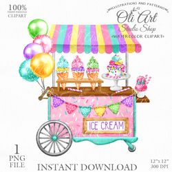 Ice Cream Cart. Summer. Download clipart PNG. Spring Digital File. Digital Download. OliArtStudioShop