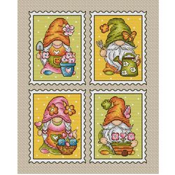 Spring gnomes postage stamps cross stitch pattern PDF, Gnomes cross stitch, Garden gnomes, Counted cross stitch