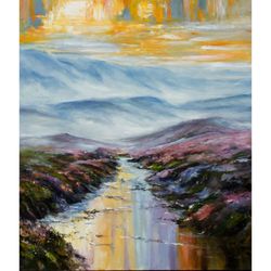 River Painting landscape Original Art Impressionist Art Impasto Painting Hills Painting Sunrise Painting 24"x20"