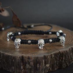 Skull bracelet Silver skulls cotton cord braided bracelet Protective amulet